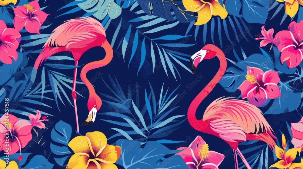 Fototapeta premium Paradise tropical design with vibrant patterns of Hawaiian flowers and flamingos, ideal for backgrounds or posters.