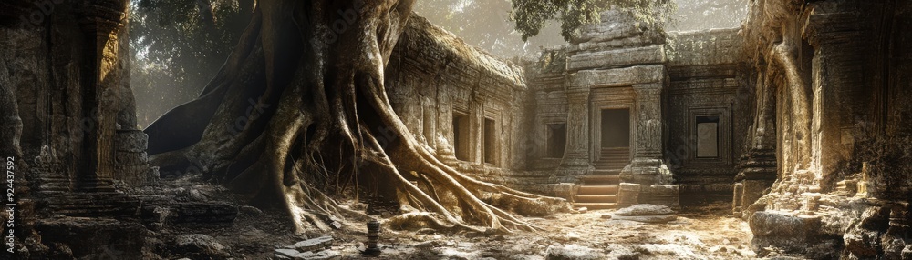 Fototapeta premium A digital rendering of an ancient ruin where tree roots have grown through the structure like veins