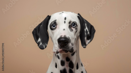 Dalmatian . Close-up photo portrait on a beige background