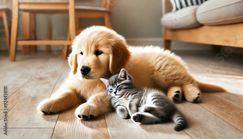 Golden retriever puppy and striped kitten lying together on wooden floor.
