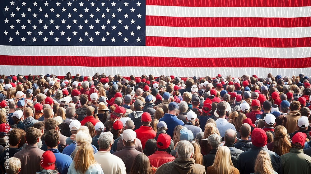 Obraz premium Crowd of People Facing a Large American Flag