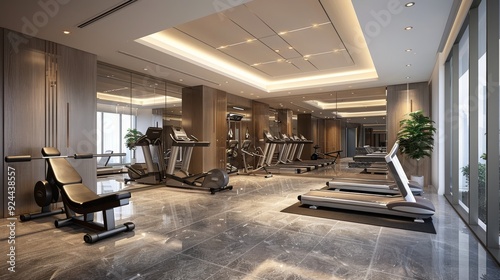 Modern Gym Interior Design: Fitness Center with Treadmills and Weight Training Equipment