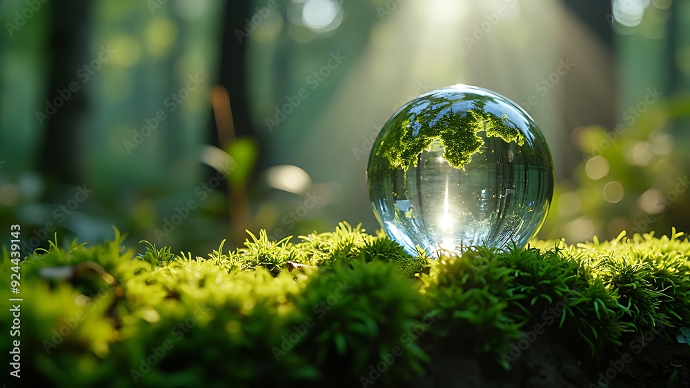 Crystal globe on moss in a forest - environment concept Crystal globe on moss in a forest - environment concept
