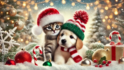 Adorable kitten and puppy dressed in winter hats and scarves sitting in a snowy festive scene with Christmas decorations, ornaments, and gift boxes.