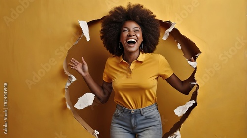 Portrait of nice pleasant looking cheerful woman laughs happily has broad smile 