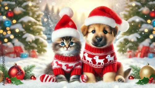 Adorable kitten and puppy dressed in winter hats and scarves sitting in a snowy festive scene with Christmas decorations, ornaments, and gift boxes.