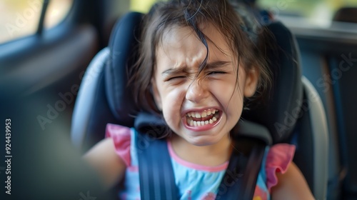 Crying girl sitting in a car seat