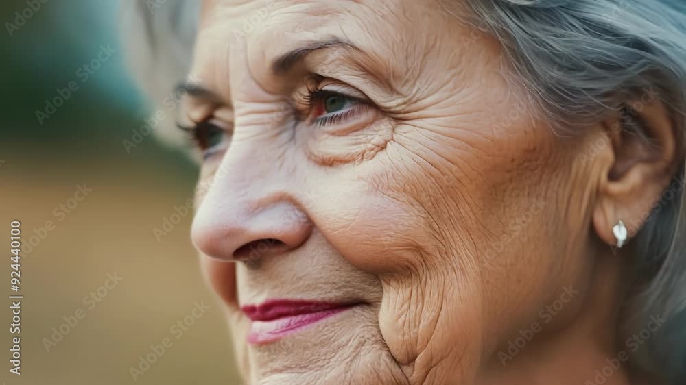 Close up of a happy senior woman smiling slightly while looking away from the camera, her wrinkles showing experience and wisdom Close up of a happy senior woman smiling slightly while looking away from the camera, her wrinkles showing experience and wisdom