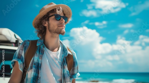 Young man wearing sunglasses standing near a car on the beach by the sea Traveling, traveling, relaxing on holidays