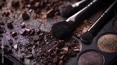 Close-up of makeup eyeshadow palette and makeup brushes