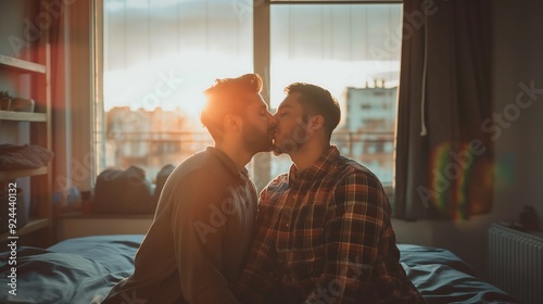 A happy gay couple kissing in the bedroom.