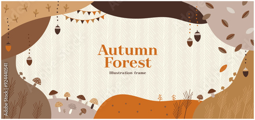 秋色きのこと落ち葉、どんぐりのイラストフレーム＜茶色＞