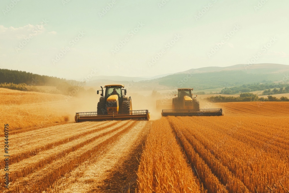 Obraz premium Photograph of modern agricultural equipment, such as tractors or harvesters, in action on a farm. Capture the technology and scale of modern farming. 