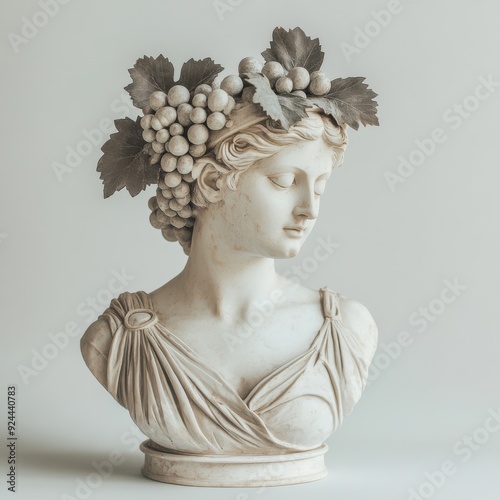 Classical marble bust of a woman with a grapevine wreath, ancient art on white background
