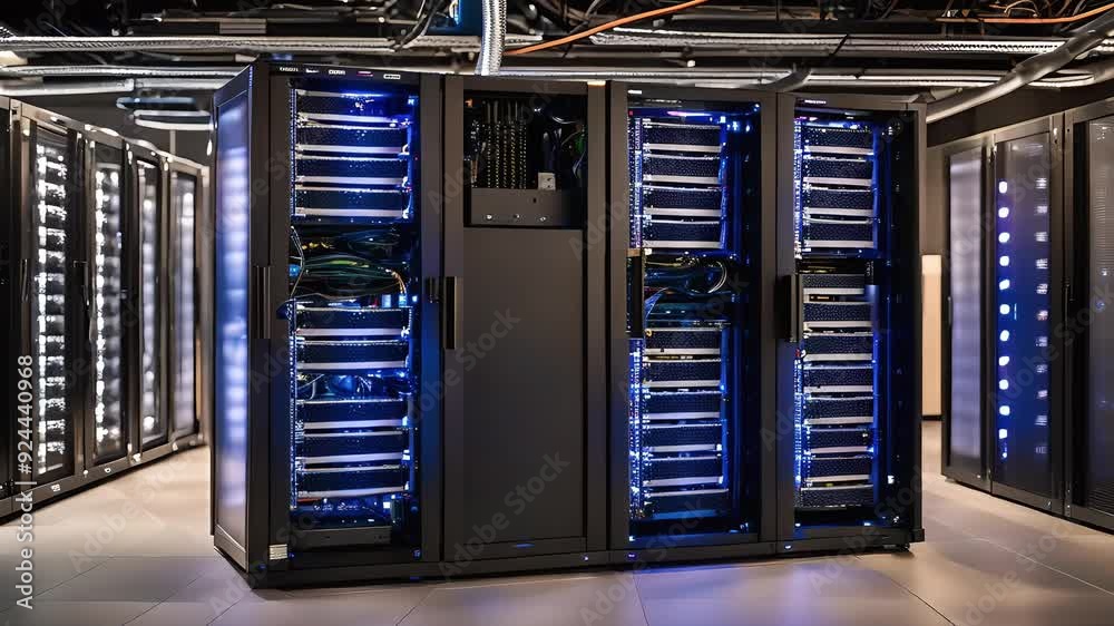 Well-Organized Server Rack Illuminated by Soft Ambient Light Well-Organized Server Rack Illuminated by Soft Ambient Light