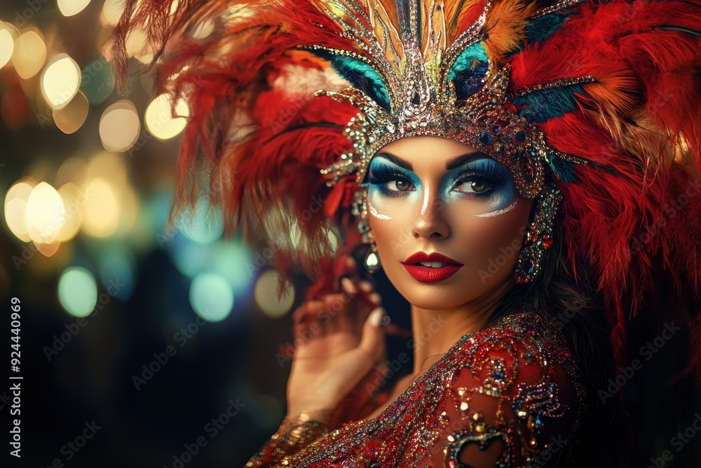 Vibrant portrait of a woman in a red feathered headdress, cultural festival attire
