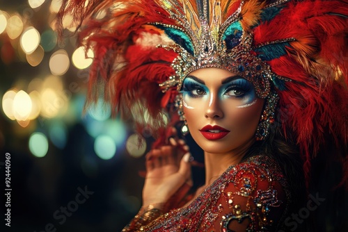 Vibrant portrait of a woman in a red feathered headdress, cultural festival attire
 photo