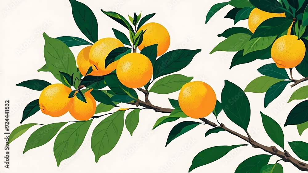 Oranges growing on branch with green leaves. Suitable for food, agriculture, nature, and healthy eating concepts. Fresh, vibrant, organic.
