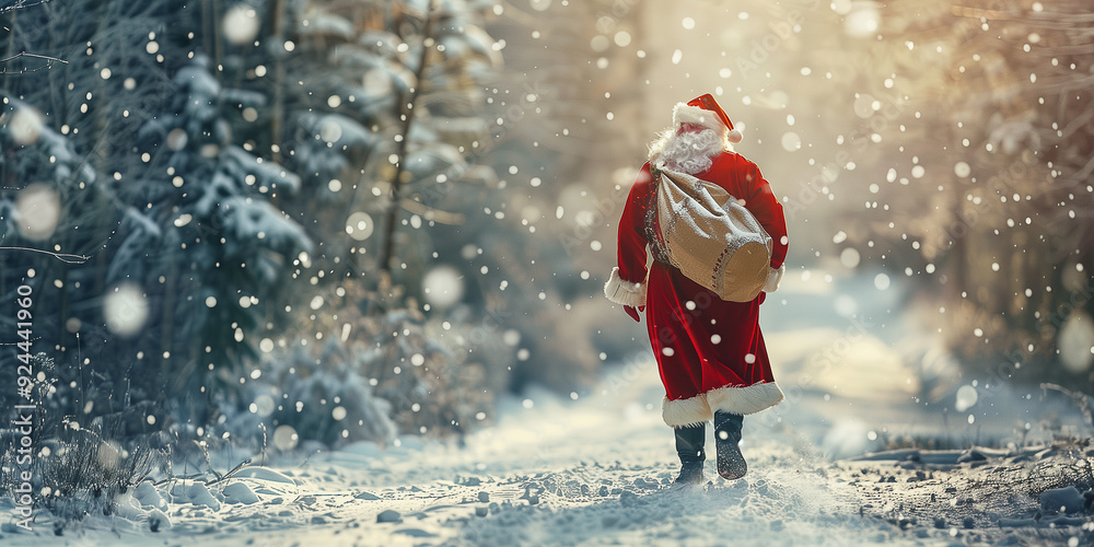 Der Nikolaus läuft in einer Schneelandschaft und bringt in seinem grossen Sack die Geschenke. Der Nikolaus läuft in einer Schneelandschaft und bringt in seinem grossen Sack die Geschenke.