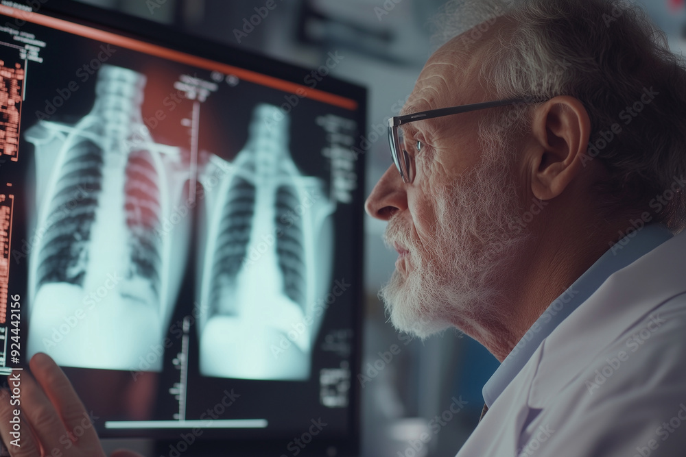 man is looking at a computer monitor displaying three X-ray images of a patient's lungs man is looking at a computer monitor displaying three X-ray images of a patient's lungs