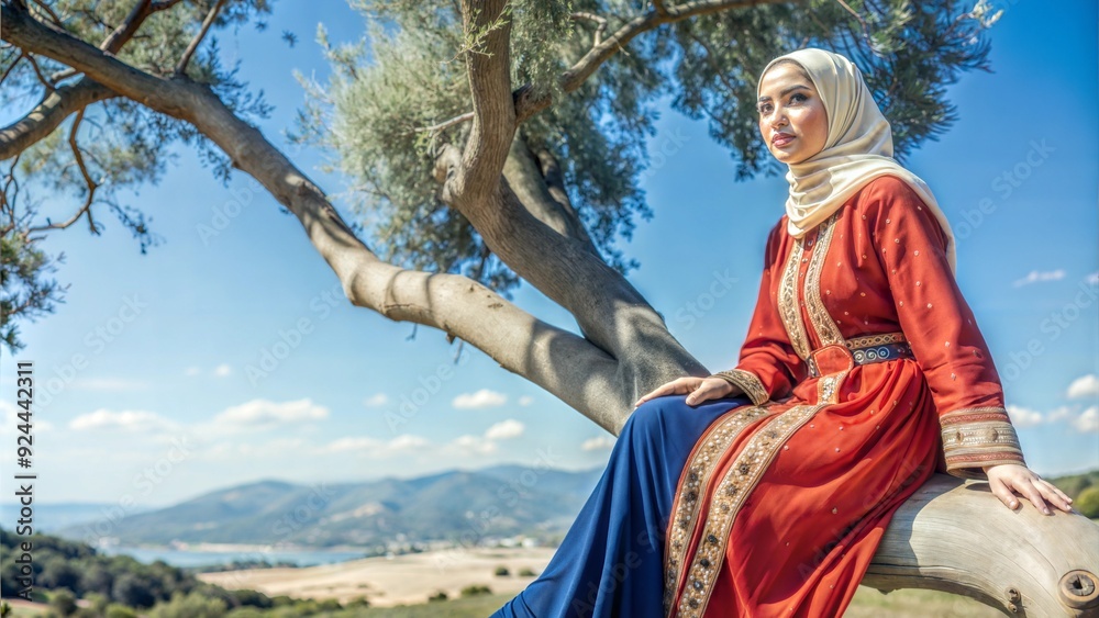moroccan model wearing a red djellaba sitting on a tree moroccan model wearing a red djellaba sitting on a tree
