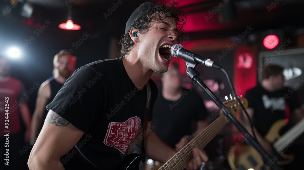 A rock guitarist passionately sings into the microphone while playing his electric guitar during a live performance, capturing the raw energy and intensity of the moment. A rock guitarist passionately sings into the microphone while playing his electric guitar during a live performance, capturing the raw energy and intensity of the moment.