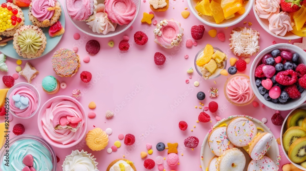 Delicious desserts and fresh fruits creating a frame with copy space on pastel pink background.