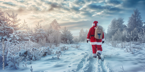 Der Nikolaus läuft in einer Schneelandschaft und bringt in seinem grossen Sack die Geschenke. photo