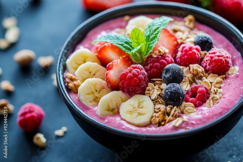 High-resolution photograph of a close-up of a refreshing smoothie bowl topped with fresh fruits and nuts. highlight the delicious and healthy nature of the dish. 