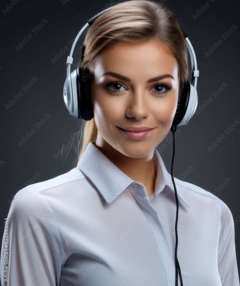 Energetic Customer Support Specialist in White Shirt Engaging with Clients via Headset and Microphone, Exuding Professionalism and Readiness to Assist in a Grey Background Setting,Symbol of customer Energetic Customer Support Specialist in White Shirt Engaging with Clients via Headset and Microphone, Exuding Professionalism and Readiness to Assist in a Grey Background Setting,Symbol of customer