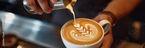 Obraz na płótnie A close-up shot of a barista carefully pouring intricate latte art into a coffee cup, showcasing the skill and precision involved in coffee making. w salonie