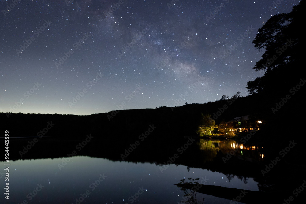 山奥の池に映る家の灯と水面の星と天の川
