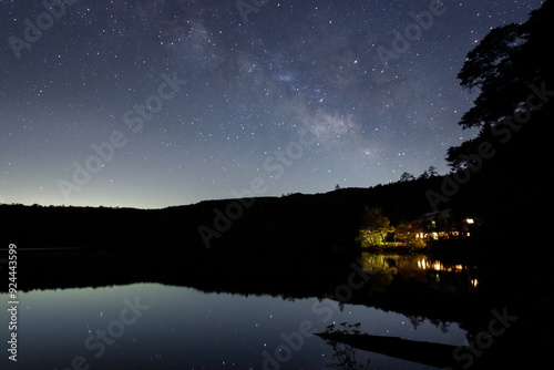 山奥の池に映る家の灯と水面の星と天の川 photo