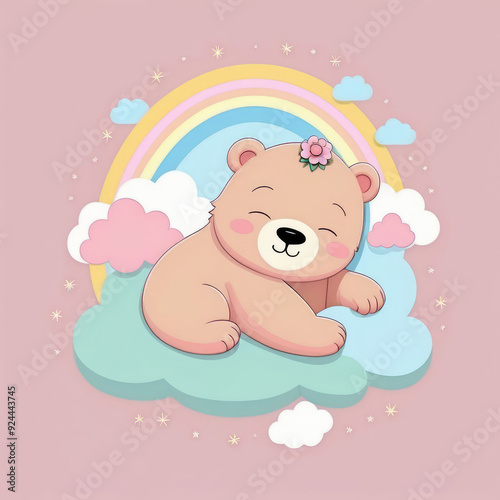 Cartoon funny adorable baby sleeping bear cub on the clouds.