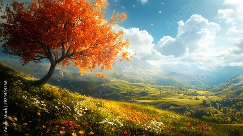 Autumnal Tree on a Hillside with Rolling Green Hills and a Blue Sky photo