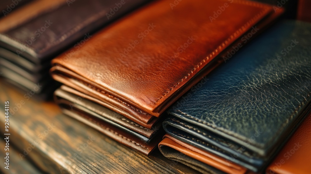 Leather Wallets Stacked on Wooden Surface Leather Wallets Stacked on Wooden Surface
