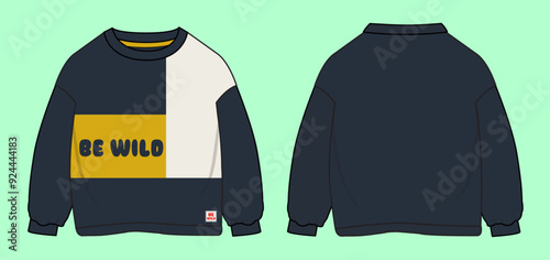 Baby boys winter terry fleece colour block slogan drop shoulder round neck sweatshirt flat sketch outline vector fashion illustration template. 
