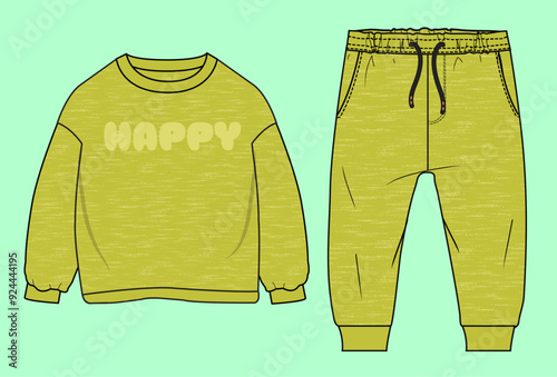  Baby boys winter terry fleece yellow colour happy slogan drop shoulder round neck sweatshirt and jogger flat sketch outline vector fashion illustration template. 