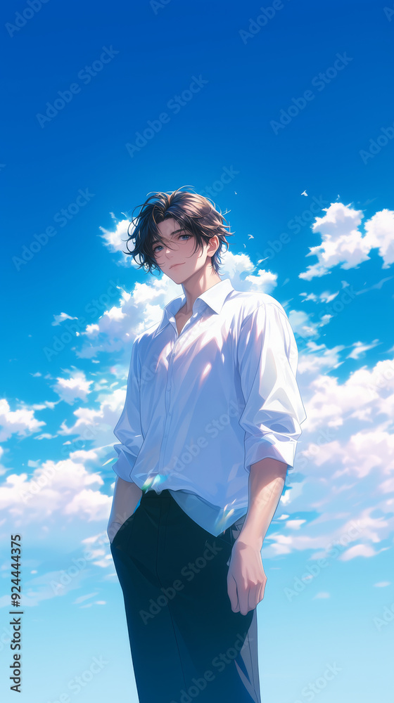 The teenager wears white and stands in the blue sky The teenager wears white and stands in the blue sky