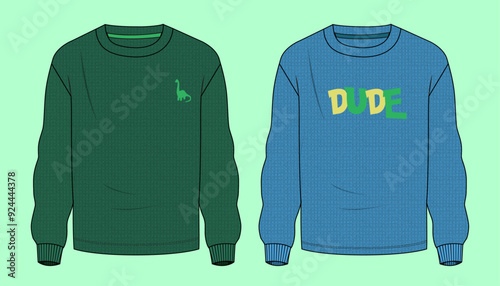 Boys long sleeve drop shoulder crew neck green waffle and blue colour dinosaur graphic tee flat sketch outline vector fashion illustration template.