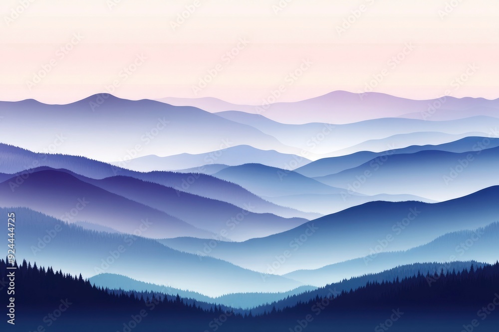 Obraz premium Misty Mountain Range at Sunrise with Silhouetted Trees