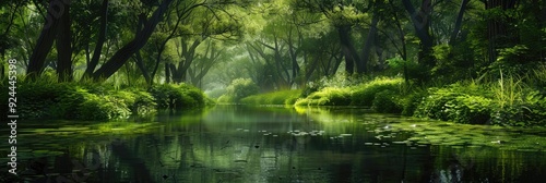Serene woodland scene featuring a winding river mirroring vibrant foliage at the base.