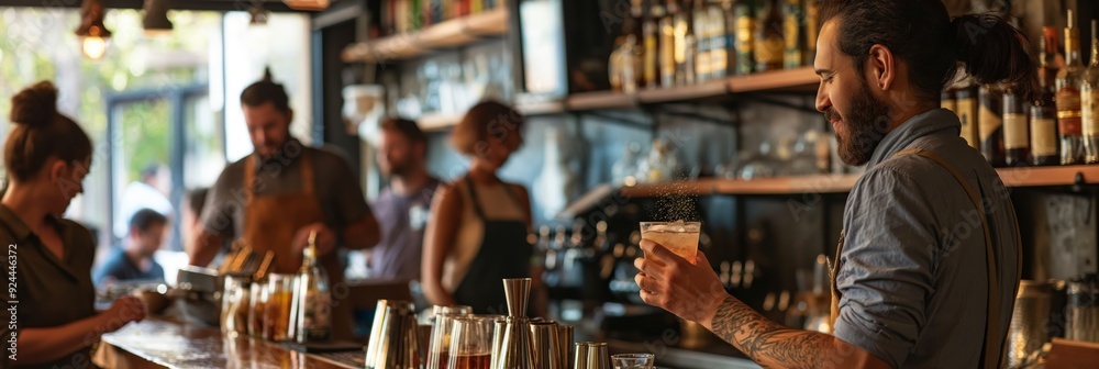 Bartender with tattooed arm holding a cocktail while preparing drinks at a busy bar, surrounded by various bottles and bar tools.