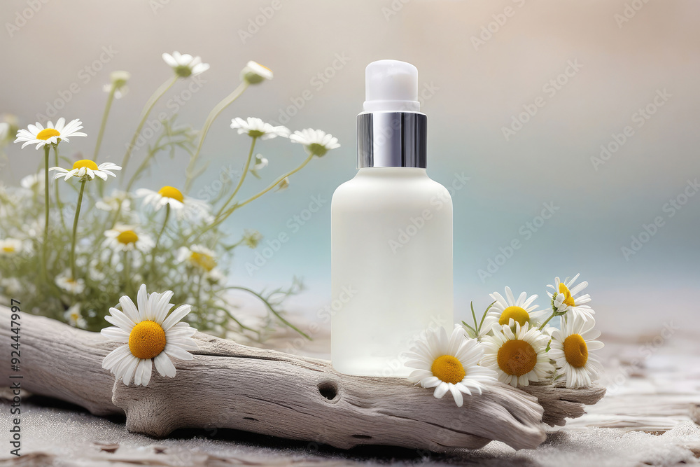 Mock up the collagen hydrating serum or any beauty product  in glass bottle from natural ingredients standing on driftwood surrounded flowers medicinal chamomile.