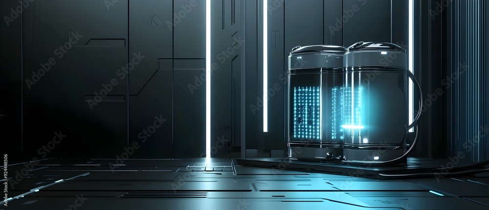 Obraz premium Advanced solid state battery charging technology showcased in a futuristic industrial setting digital artwork depicts clean metallic surfaces glowing blue accents
