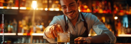 A bartender adds ice to a glass, preparing a cocktail with a focus on making the perfect drink in a dimly lit, cozy bar environment.