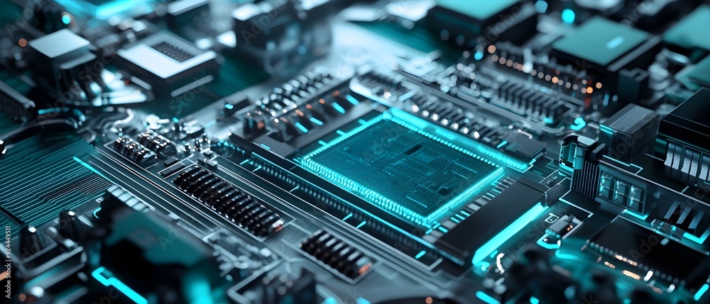 A close up view of an advanced power cell and intricate circuit board design featuring a futuristic metallic sheen and precision engineering