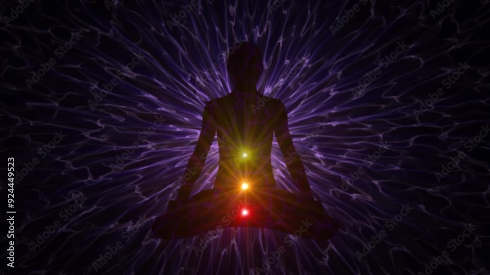 Meditation background with chakras and kundalini for yoga and spiritual practice visualization. Bright colorful lights of body energy emerge and disappear on a dark silhouette of yogin. Loop 4K 60fps