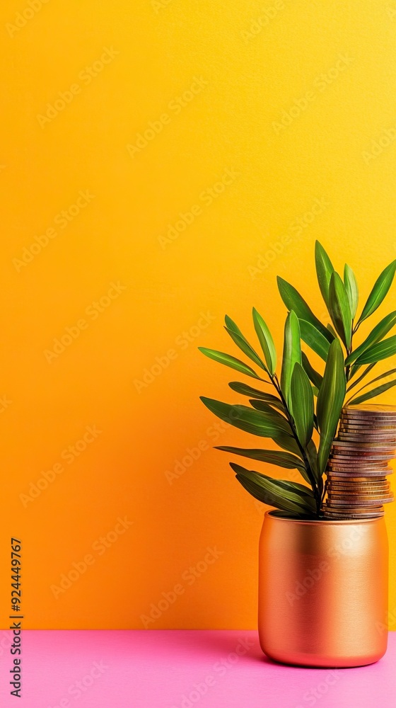 A vibrant green plant in a modern gold pot, against a bright yellow background, adding a lively touch to any space. A vibrant green plant in a modern gold pot, against a bright yellow background, adding a lively touch to any space.