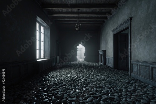 Gloomy Hall with Murky Pebbles and a Breach in the Attic